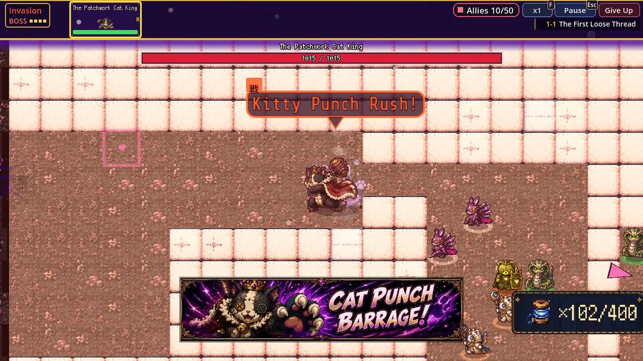 Chapter 1 boss, the Patchwork Cat King, throws a Cat Punch Barrage!